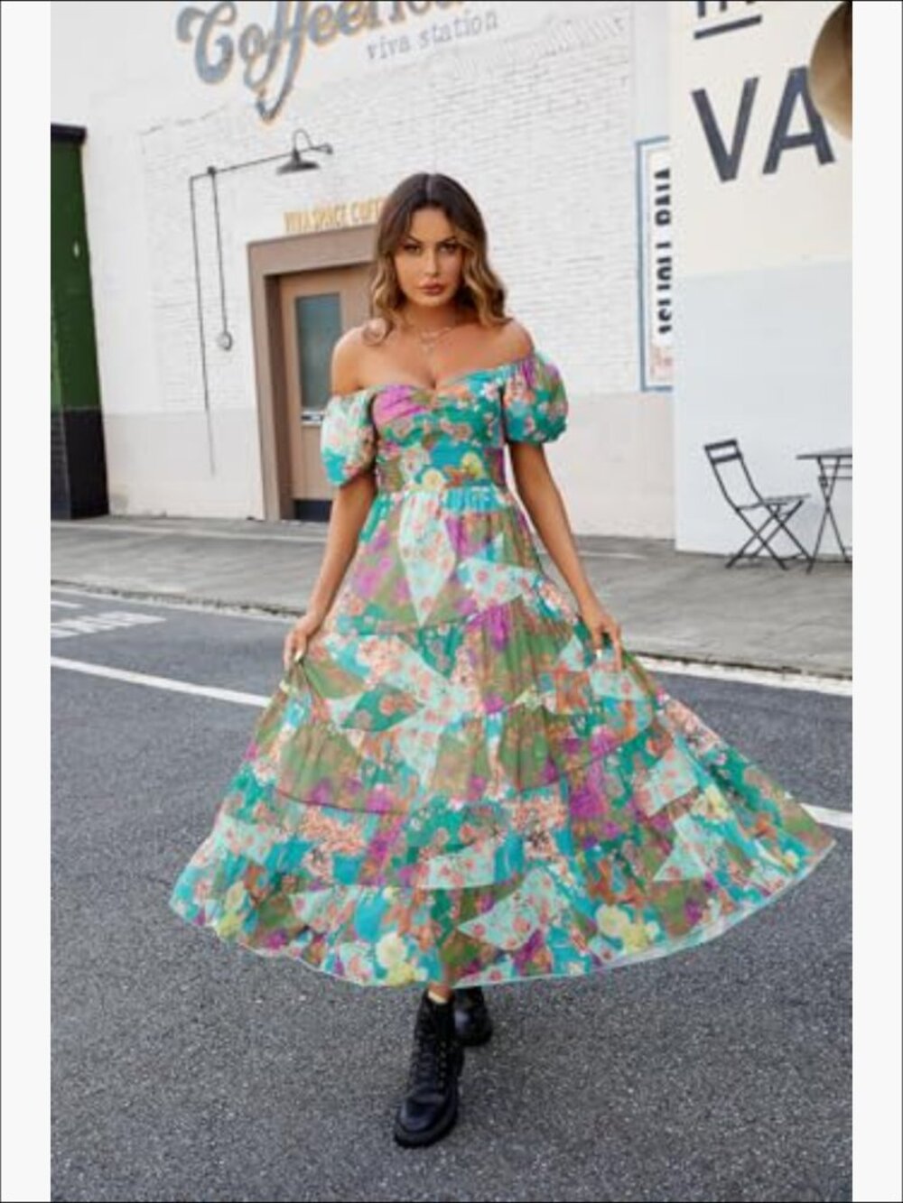 Womens Floral Maxi Dress V Neck Puff Sleeve Bohemian Casual Summer Bloomcore - Picture 4 of 4